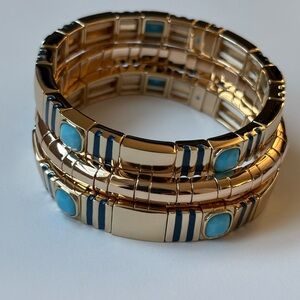 Roxanne Assoulin Gold Stretch Bracelet Set with Turquoise and Navy Details